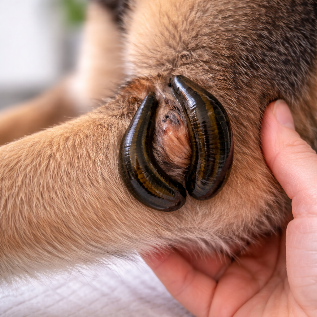 Blutegeltherapie Tierphysiotherapie Blutegel an Tier zur Behandlung