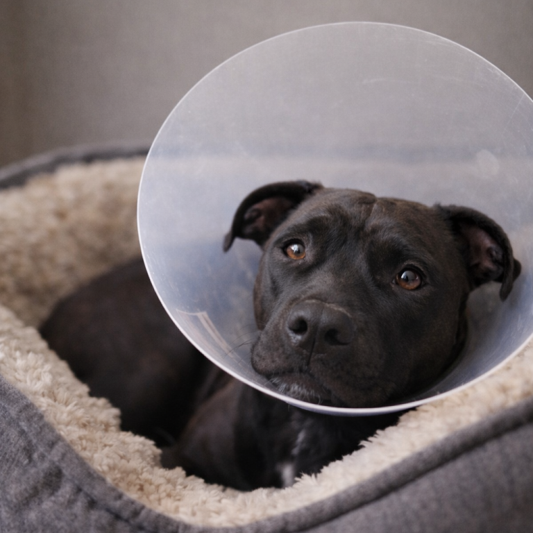 Hund mit Halskrause bei OP Nachsorge
