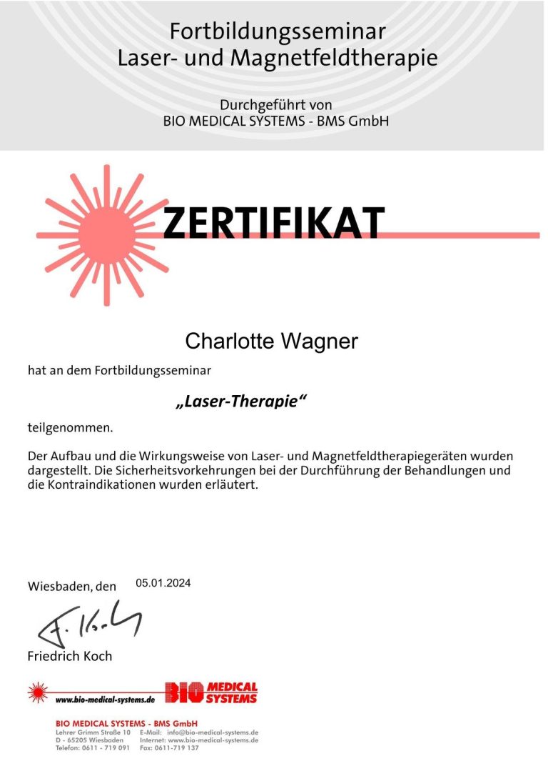 Zertifikat Lasertherapie Wagner Zertifikat für professionelle Lasertherapie