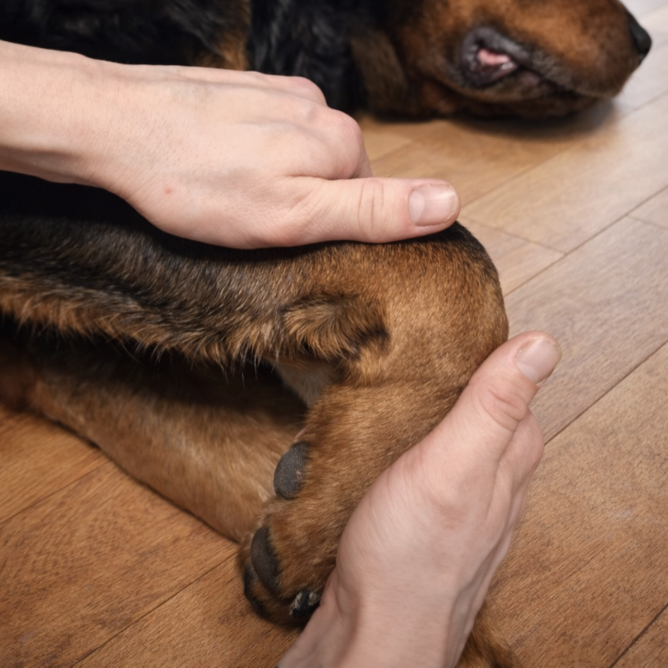Dorntherapie Lübeck Hundpfote in Behandlung von Toerphysiotherapeutin