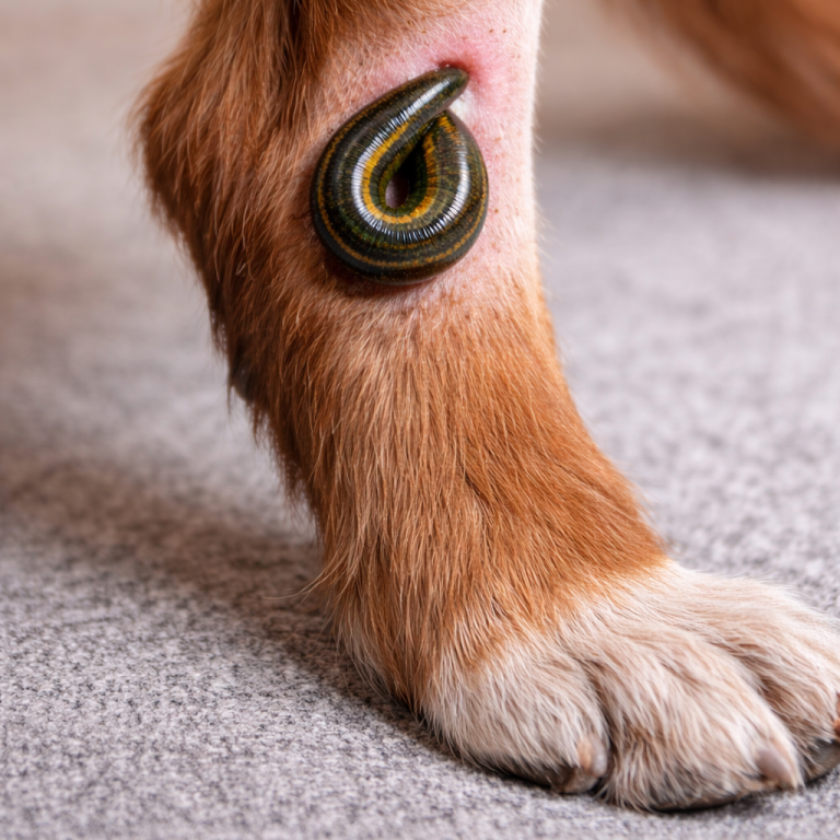 Egel an Tierbein zur Behandlung