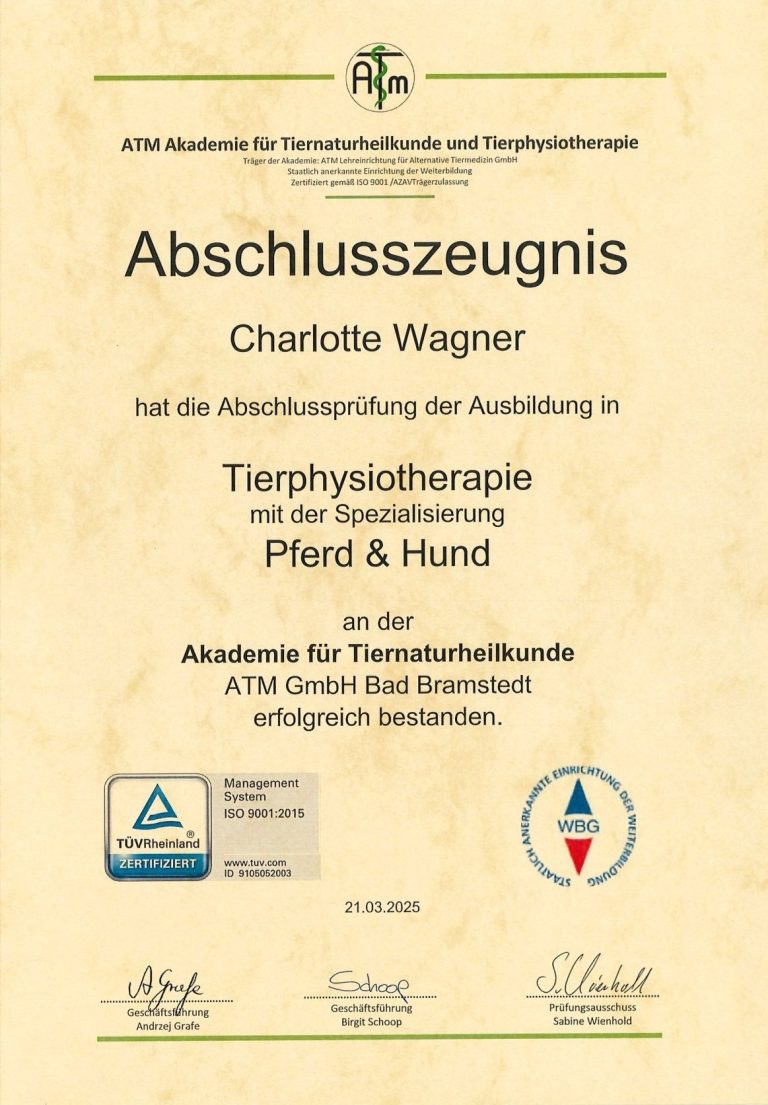 Wagner Abschlusszeugnis Abschlusszeugnis Tierphysiotherapie