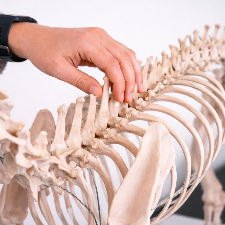 Tierphysiotherapeut zeigt Dorntherapie an Hundeskelett